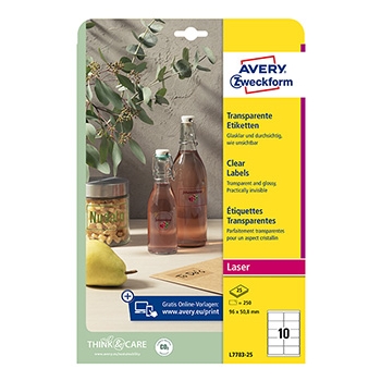 Avery Zweckform etykiety 96mm x 50,8mm, A4, białe, 10 etykiety, lśniący  - crystal clear, pakowane po 25 szt., L7783-25, do drukar