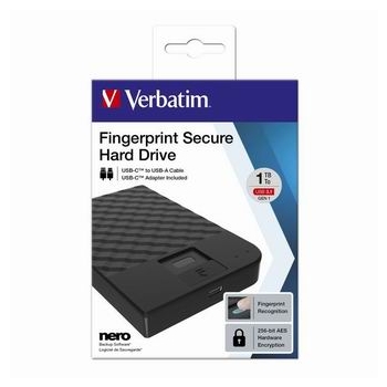 Verbatim zewnętrzny dysk twardy, Fingerprint Secure HDD, 2.5", USB 3.0 (3.2 Gen 1), 1TB, 53650, czarny, szyfrowany z czytnikiem li