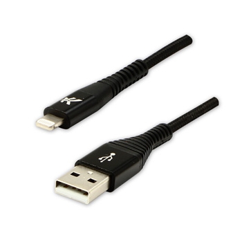 Logo USB kabel (2.0), USB A M - Apple Lightning M, 2m, MFi certifikat, 5V/2,4A, czarny, box, oplot nylonowy, aluminiowa osłona złą